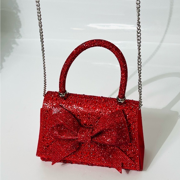 Red Rhinestone Studded Top Handle Large Bow Evening Bag - Picture 11 of 15